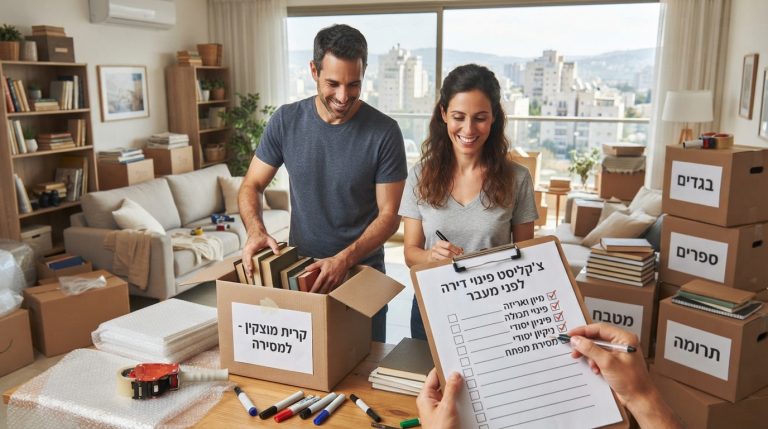 סלון דירה מאורגן בקריית מוצקין עם קופסאות קרטון ארוזות ומוכנות לפינוי ומעבר דירה יעיל