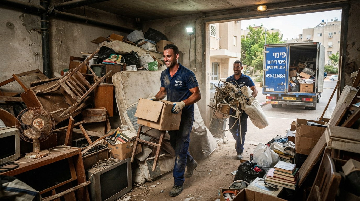 תהליך פינוי מקצועי של מחסן ומקלט עמוסים בגרוטאות, רהיטים ישנים ופסולת בקריית גת