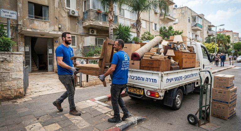אנשי מקצוע מפנים רהיטים וחפצים ישנים (אלטעזאכן) מתוך דירה בצורה מסודרת, כחלק משירות פינוי דירות.