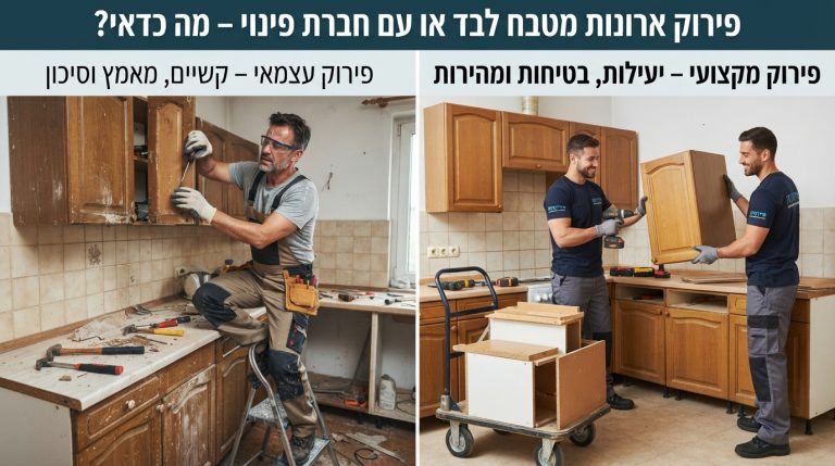 אדם מפרק ארונות מטבח באמצעות מברגה, ממחיש את הדילמה בין פירוק ארונות מטבח לבד לבין הזמנת חברת פינוי דירות מקצועית.