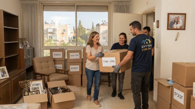 ארגזי קרטון ארוזים ומסודרים בדירה חמימה בקריית אתא, לצד חפצים נוסטלגיים, המייצגים תהליך רגיש ומקצועי של פינוי דירת הורים מבוגרים.