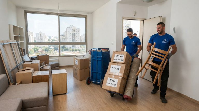 דירה בתהליך פינוי וארגון בקריית אונו, עם ארגזים ארוזים ורהיטים מוכנים למעבר דירה יעיל ונקי.