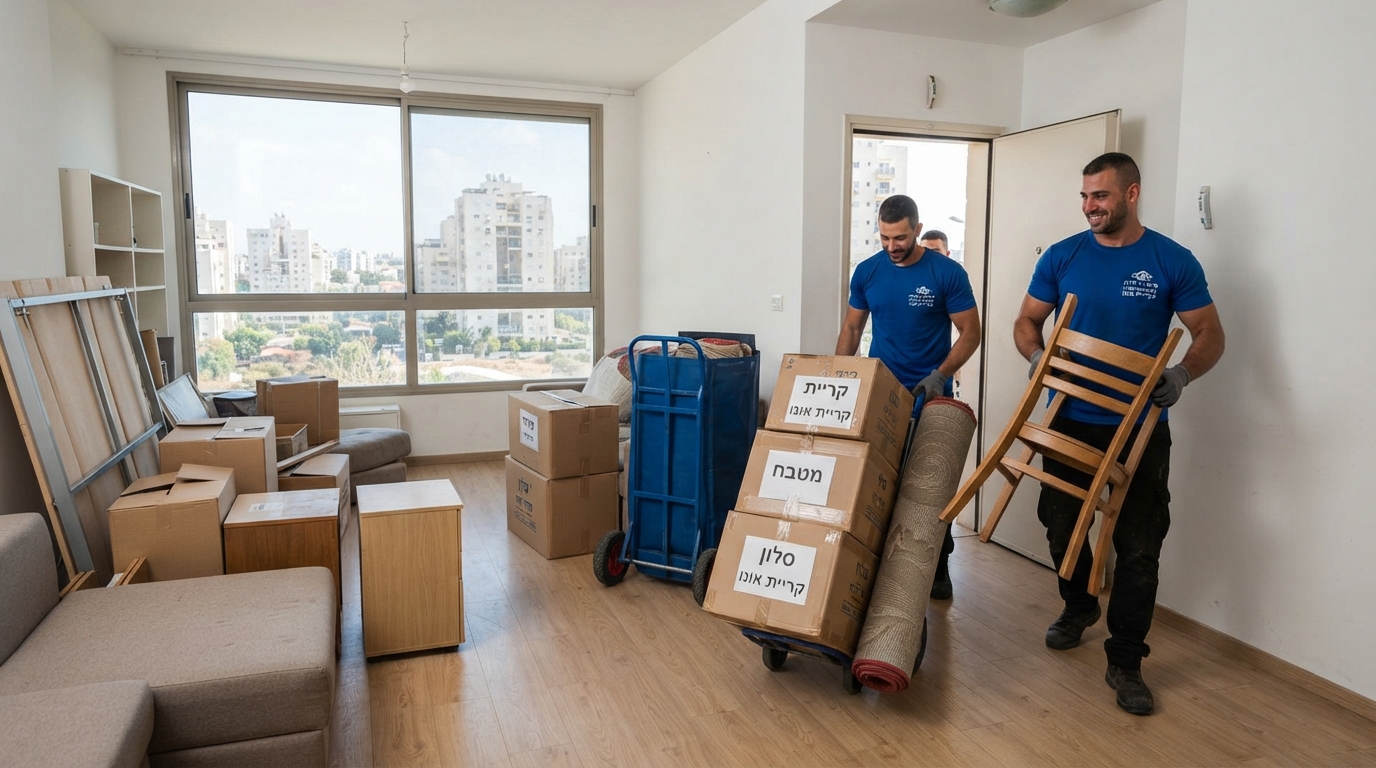 דירה בתהליך פינוי וארגון בקריית אונו, עם ארגזים ארוזים ורהיטים מוכנים למעבר דירה יעיל ונקי.