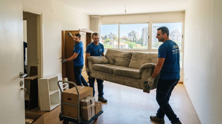 צוות מקצועי של חברת פינוי דירות מוציא ספה ורהיטים מדירה מוארת ומסודרת ברמת השרון