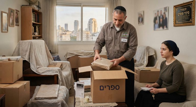 דירה נקייה ומסודרת בבני ברק עם ארגזי אריזה ארוזים בכבוד, הממחישה תהליך רגיש ומקצועי של פינוי תכולת דירה לאחר פטירה.