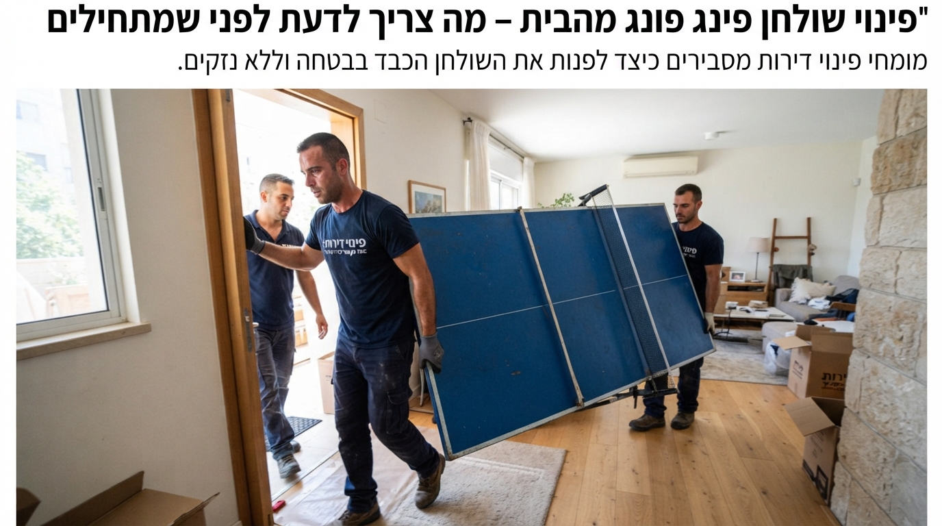 שני מובילים מקצועיים מפנים בזהירות שולחן פינג פונג גדול ומקופל מתוך סלון ביתי כדי למנוע נזק לקירות ולרצפה.