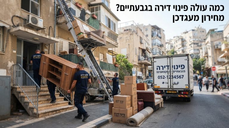 צוות מקצועי של חברת פינוי דירות מעמיס ארגזים ורהיטים על רקע רחוב ובנייני מגורים צפופים בגבעתיים.