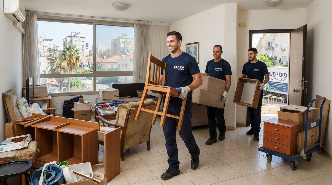 צוות מקצועי של חברת 'פינוי פשוט' מבצע פינוי רהיטים ברעננה, מעמיס ספה וארונות בצורה מסודרת ובטוחה.