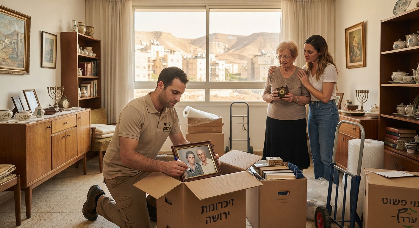 דירה מוארת ומסודרת בערד בתהליך פינוי ירושה רגיש ומקצועי, עם ארגזים ארוזים בקפידה ונוף מדברי מבעד לחלון.