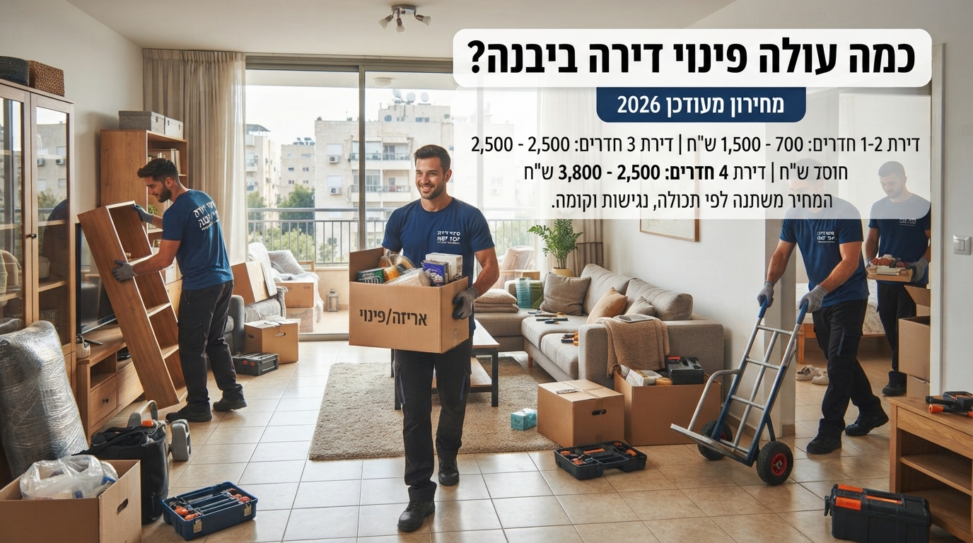צוות מקצועי של פינוי דירות ביבנה במהלך פינוי תכולת דירה מסודרת, הממחיש את עלויות ומחירון השירות לשנת 2026.