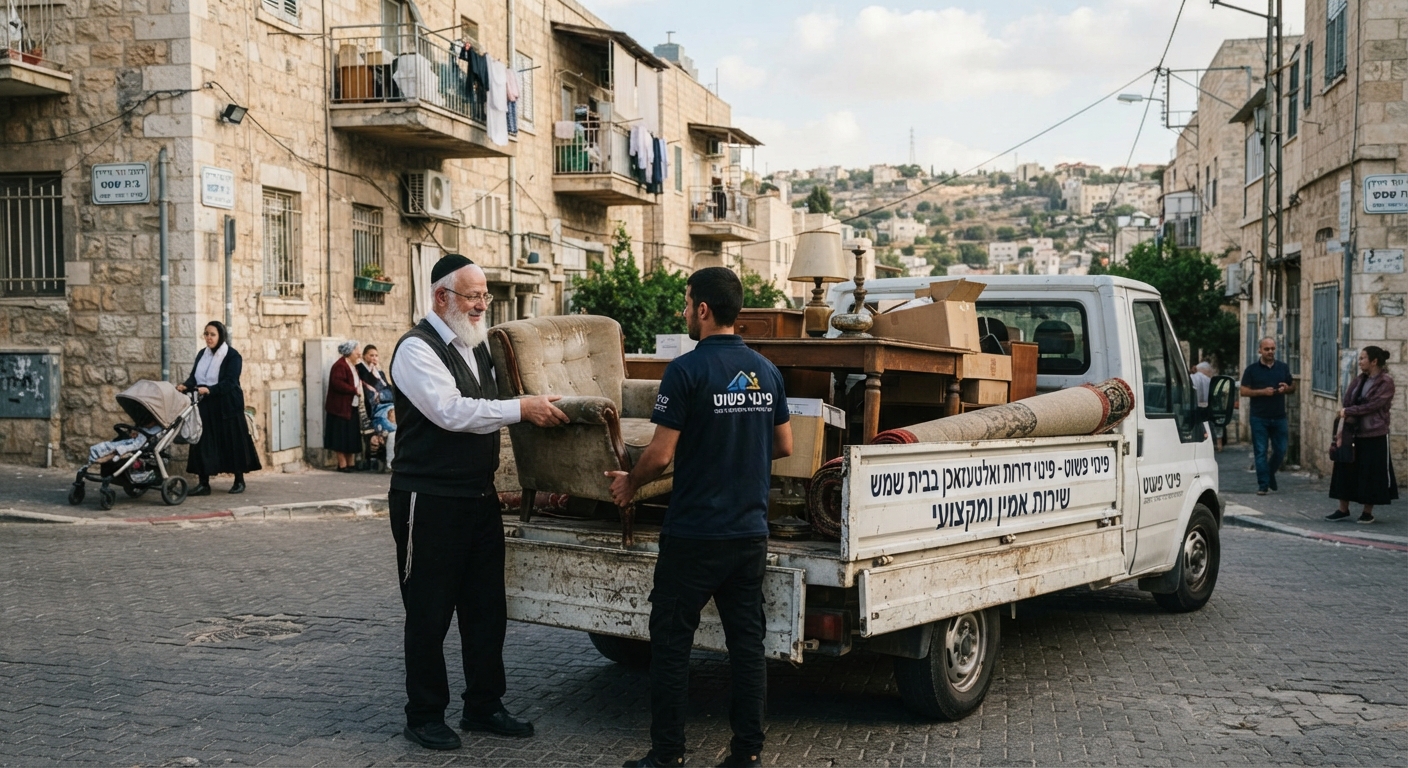 צוות של חברת "פינוי פשוט" מפנה רהיטים ומכשירי חשמל ישנים (אלטעזאכן) מדירת מגורים בבית שמש, בצורה מסודרת ויעילה.