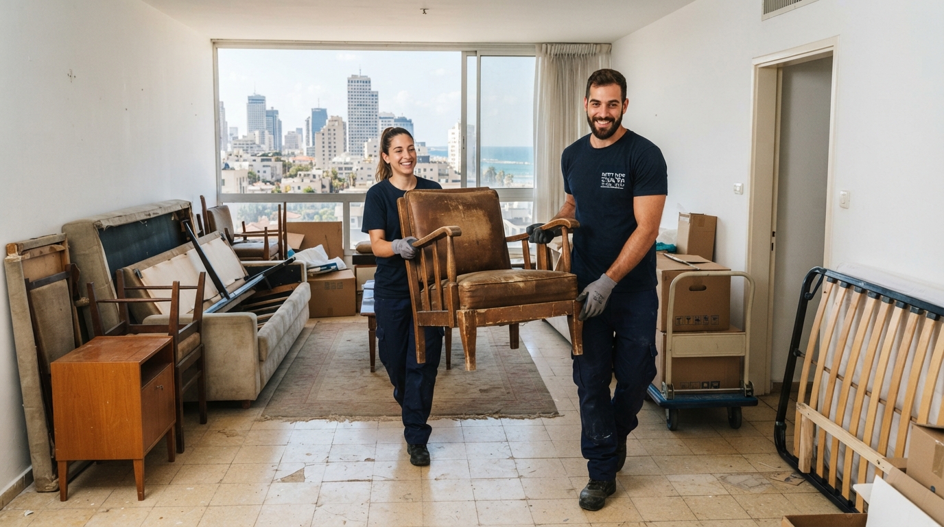 צוות מקצועי של חברת פינוי דירות מוביל ומפנה רהיטים ישנים מדירה בתל אביב-יפו בצורה נקייה ויעילה.