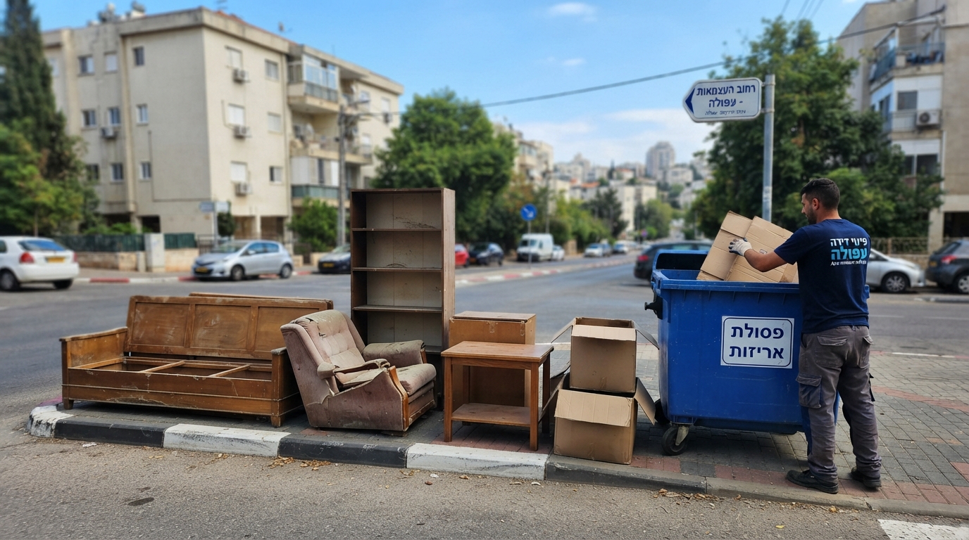 רהיטים ישנים (כמו ספה וארון) מונחים מחוץ לבית בעפולה, ממתינים לפינוי או איסוף של העירייה או חברת פינוי דירות.