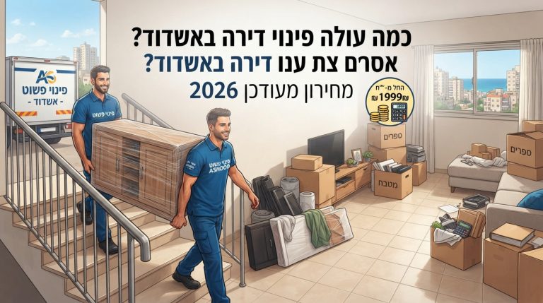 דירה מרווחת ומאורגנת באשדוד לאחר תהליך פינוי תכולה, לצד אייקון של מחירון מעודכן לשנת 2026 המציג עלויות פינוי דירות, מחסנים וגרוטאות.