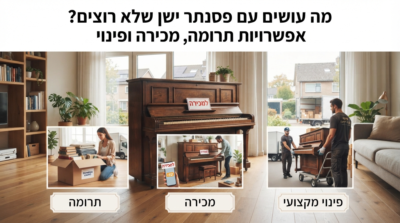 פסנתר עץ קלאסי ישן עומד בסלון ביתי, מדגים את הדילמה האם לתרום, למכור או לפנות פסנתר שאינו בשימוש.