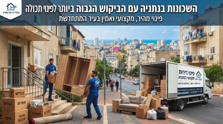 צוות מקצועי של חברת פינוי דירות מפנה תכולה, ארגזים ורהיטים מדירה בנתניה, על רקע נוף עירוני של שכונות בנתניה.