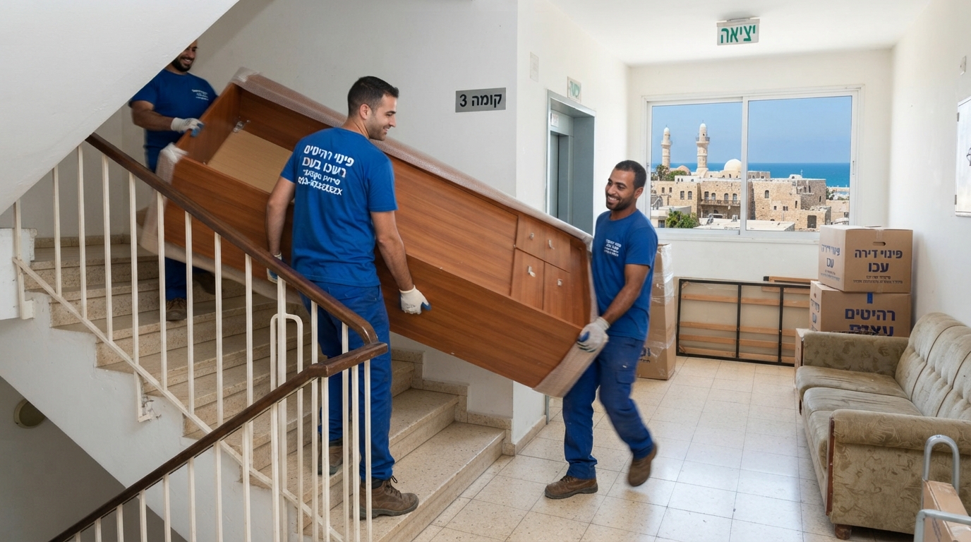 צוות מקצועי של חברת פינוי דירות מפנה רהיטים ישנים וספה מבית בעכו אל משאית פינוי ברחוב.