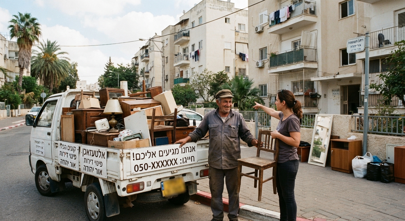 צוות פינוי דירות מקצועי מעמיס רהיטים וחפצים ישנים (אלטעזאכן) מתוך דירה באור יהודה אל משאית פינוי.