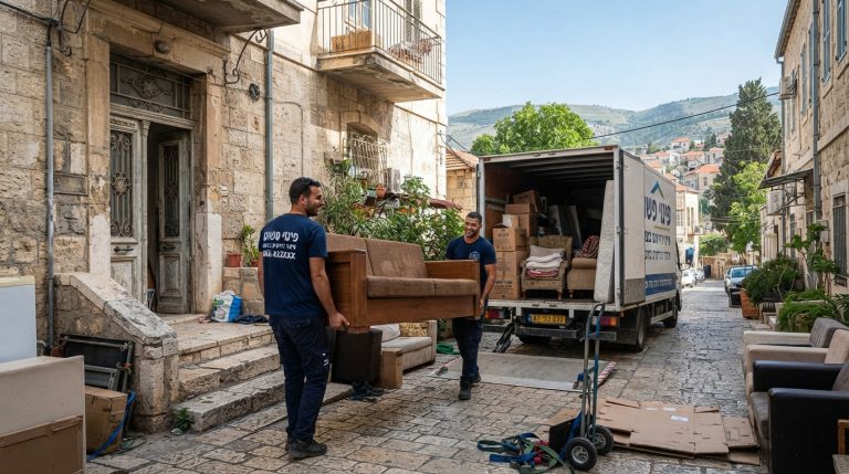 צוות מקצועי של חברת פינוי פשוט מפנה רהיטים וספה מדירה בצפת על רקע סמטאות אבן גליליות ומשאית פינוי.