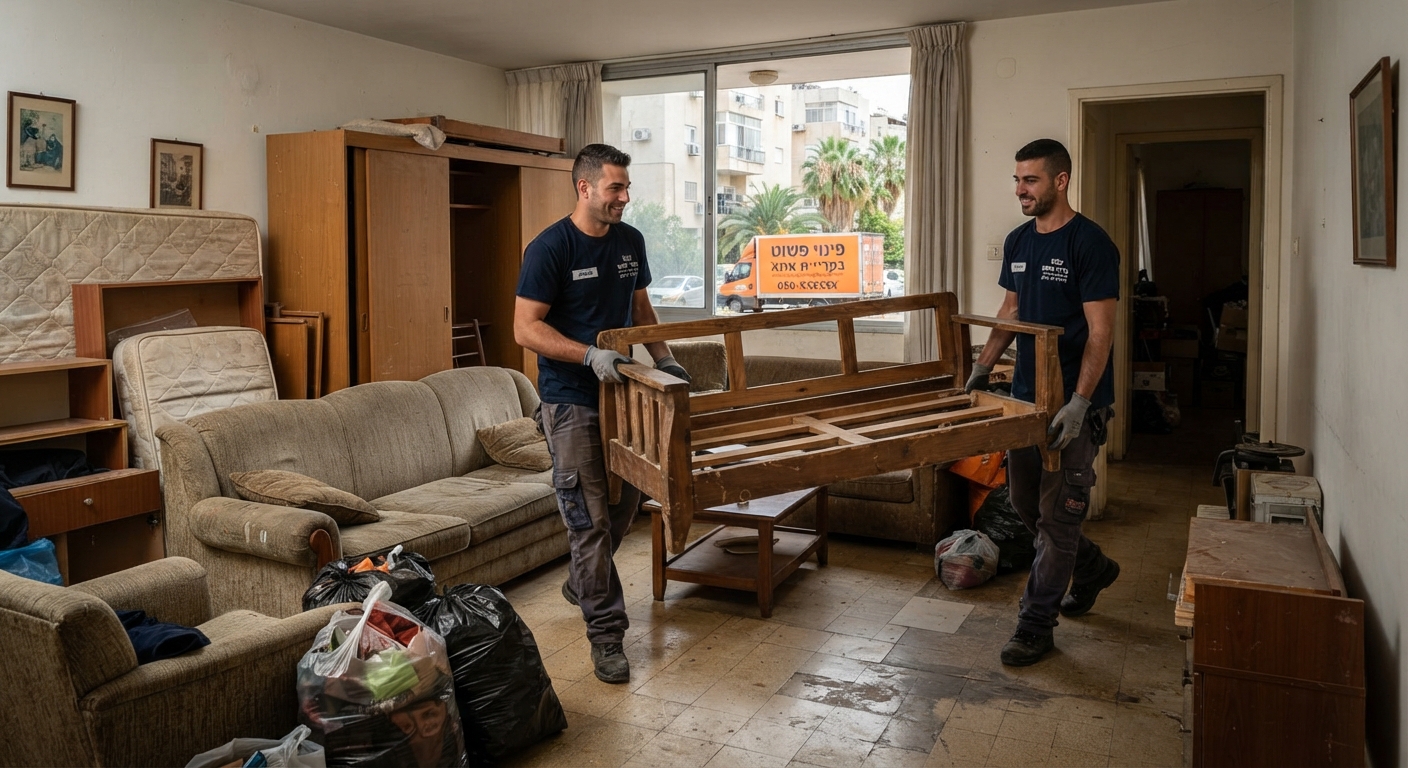 צוות מקצועי של חברת פינוי פשוט מפנה רהיטים ישנים מדירה בקריית אתא, משאיר את החלל נקי ומסודר.