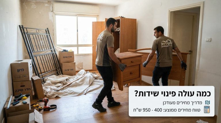 צוות מקצועי של חברת פינוי דירות מפנה שידות וריהוט עץ מתוך חדר שינה במהלך פינוי תכולת דירה.