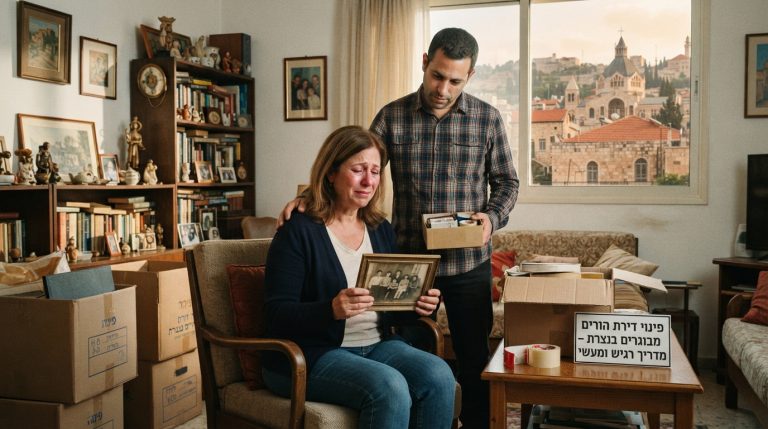 אריזה ומיון של חפצים אישיים נוסטלגיים, ארגזי קרטון ואלבומי תמונות ישנים בתהליך של פינוי דירת הורים מבוגרים בנצרת, באווירה מכבדת ורגישה.