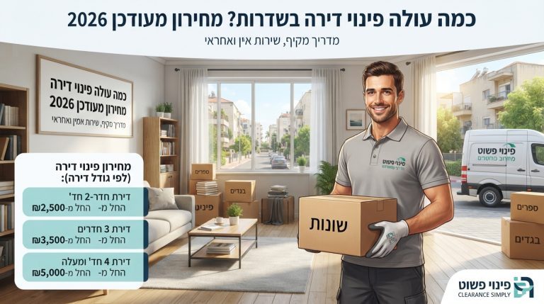צוות מקצועי של חברת פינוי פשוט מפנה ומנקה דירה בשדרות, מציג סלון מסודר לאחר פינוי תכולה ואריזה.