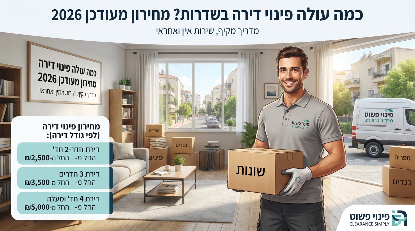 צוות מקצועי של חברת פינוי פשוט מפנה ומנקה דירה בשדרות, מציג סלון מסודר לאחר פינוי תכולה ואריזה.