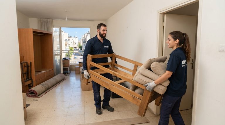 צוות מקצועי של חברת "פינוי פשוט" מפנה רהיטים ישנים מדירה בקריית מלאכי, ומשאיר מרחב נקי ומסודר.