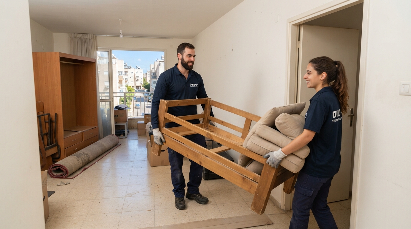 צוות מקצועי של חברת "פינוי פשוט" מפנה רהיטים ישנים מדירה בקריית מלאכי, ומשאיר מרחב נקי ומסודר.
