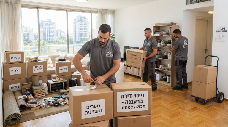 צוות מקצועי מבצע פינוי תכולת דירה ברעננה בצורה מסודרת, המייצג את שירותי הפינוי והמחירון המעודכן.