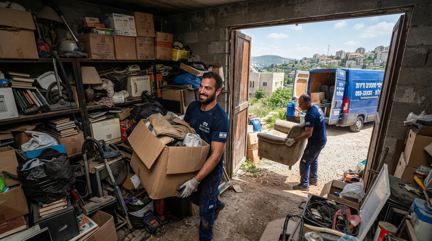 אנשי מקצוע מפנים קרטונים, חפצים ישנים וג'אנק ממחסן עמוס ומבולגן במעלות-תרשיחא, במסגרת שירות פינוי מחסנים.