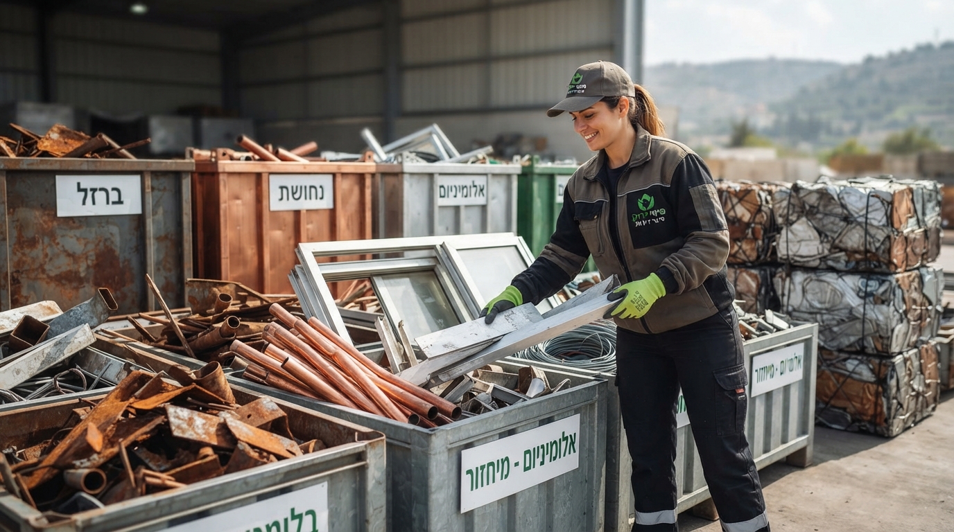 ערימת גרוטאות מתכת, צינורות נחושת וברזל ישן לצד סמל מיחזור ירוק, המייצגת פינוי מתכות אקולוגי בירושלים.
