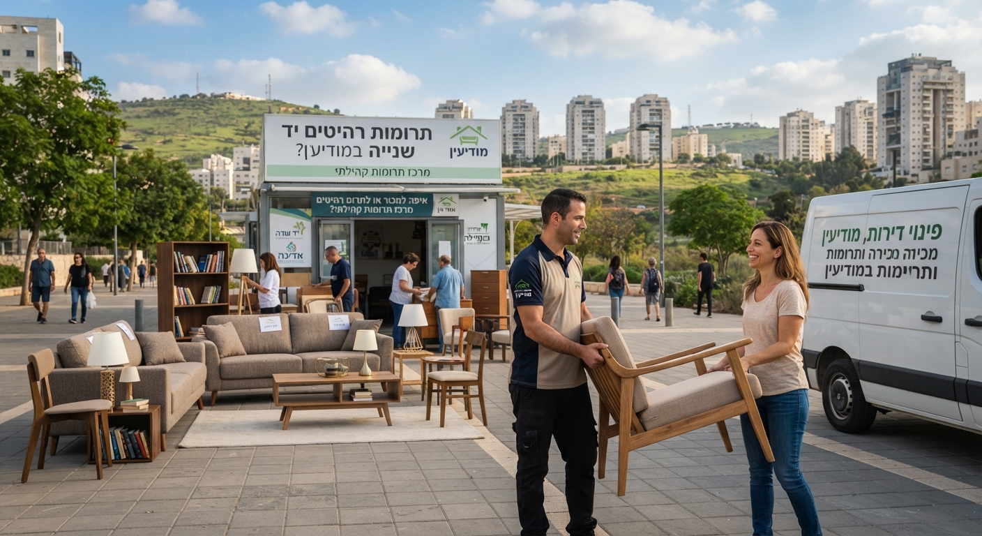 סלון מואר ומסודר במודיעין עם ארגזים ורהיטים המיועדים למכירה, תרומה או פינוי דירה.