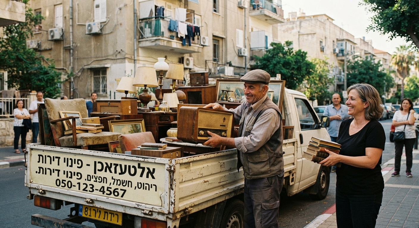 אוסף של רהיטי וינטג', חפצים ישנים ומכשירי חשמל ביתיים המיועדים לפינוי אלטעזאכן ופינוי דירה.