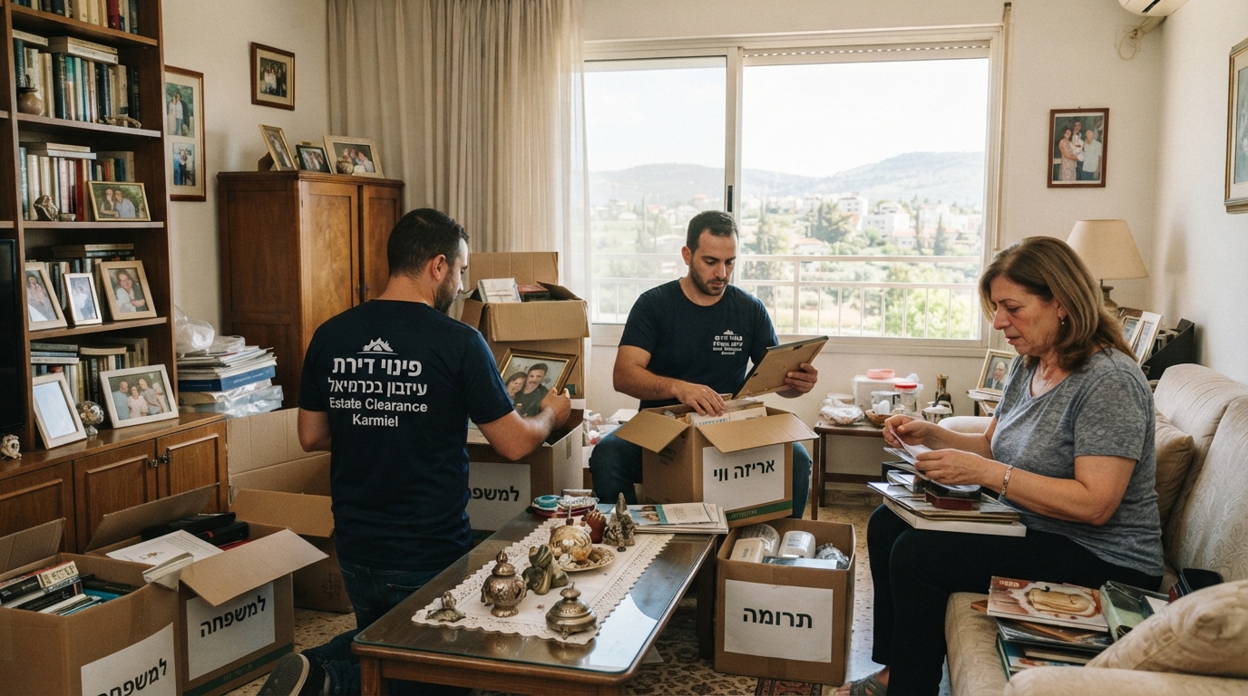 דירה מוארת ומסודרת בתהליך פינוי עיזבון מכבד בכרמיאל, עם ארגזים ארוזים בקפידה המעבירים תחושה של סדר, רגישות ומקצועיות עבור משפחה באבל.