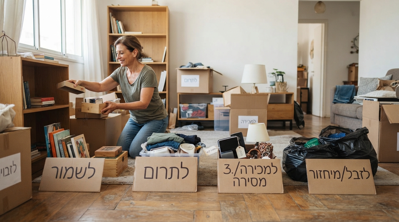 אדם שממיין חפצים, בגדים וספרים בתוך דירה לתוך ארבעה ארגזים מסודרים, כחלק משיטת 4 הערימות לקראת פינוי דירה יעיל.