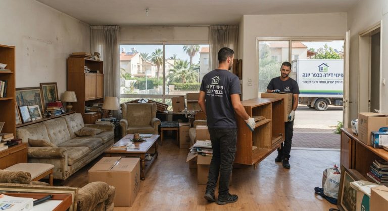 תהליך פינוי רהיטים ישנים מדירה בכפר יונה לצורך מחזור ותרומה, מראה של חדר מפונה ומאורגן.