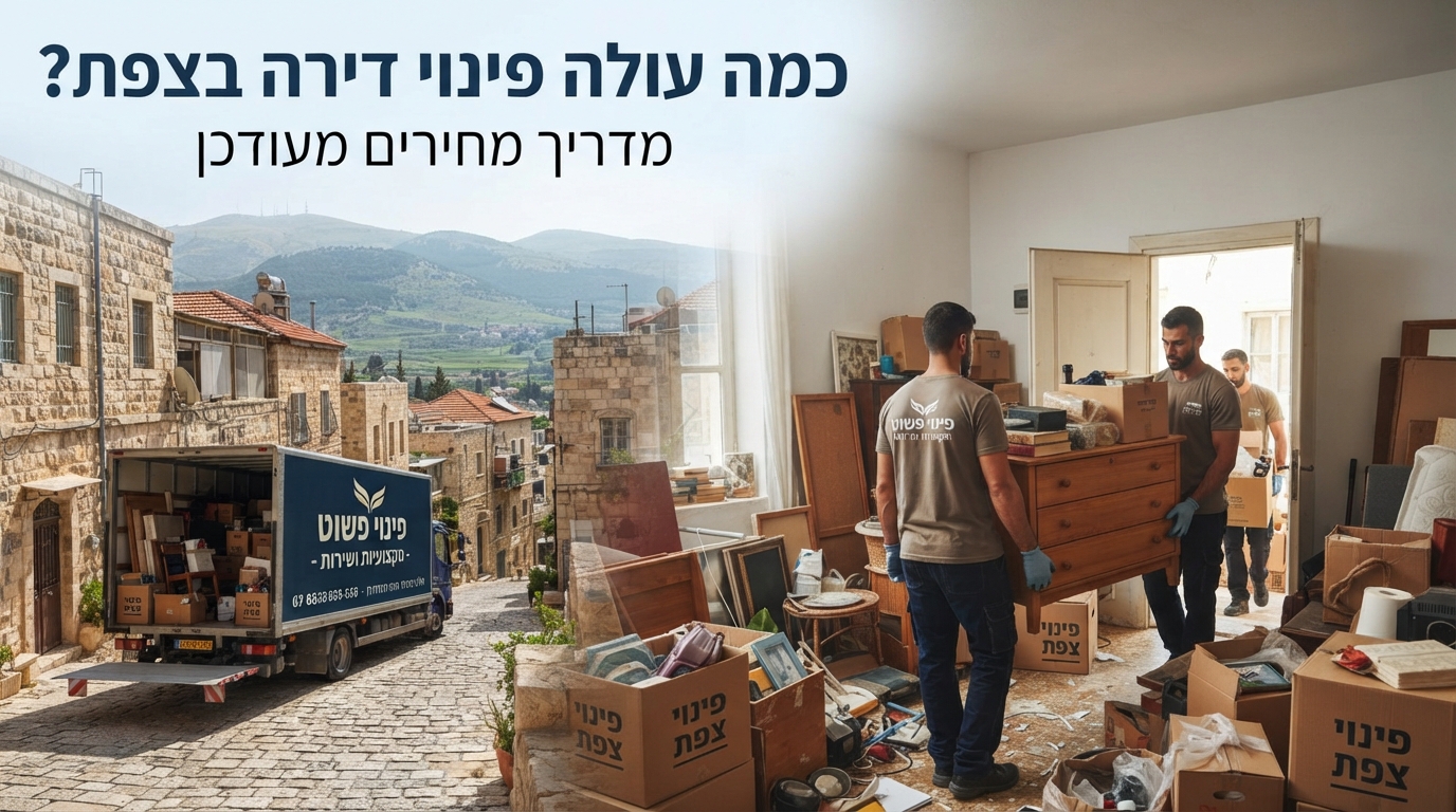 תהליך פינוי תכולת דירה בצפת על ידי חברת פינוי פשוט, ברקע נוף העיר העתיקה של צפת וארגזים ארוזים למעבר.