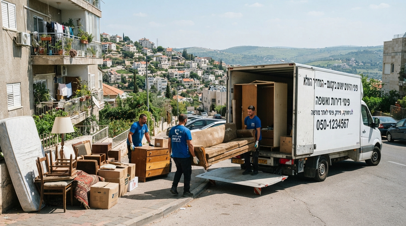 צוות מקצועי של חברת פינוי דירות מפנה ספה ורהיטים ישנים מבית ביקנעם אל משאית פינוי, על רקע נוף ירוק של העיר.