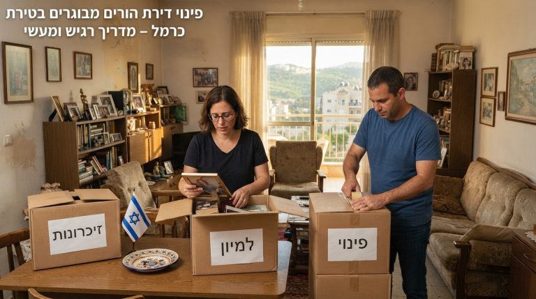 ארגזי קרטון ארוזים וחפצים נוסטלגיים בסלון ביתי חם ומואר, המייצגים תהליך רגיש ומכבד של פינוי דירת הורים בטירת כרמל.