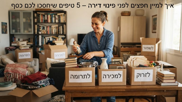 אדם ממיין חפצים וספרים לתוך קופסאות קרטון עם תוויות כמו 'לשמור' ו-'לתרום' בחדר מאורגן, כהכנה לקראת פינוי דירה.