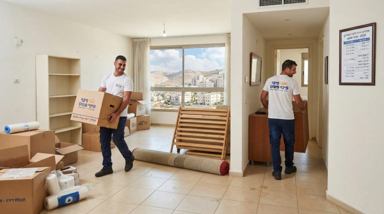 צוות מקצועי של חברת "פינוי פשוט" מפנה תכולת דירה במעלה אדומים, על רקע נוף העיר. פתרון יעיל ומקצועי לפינוי דירות.
