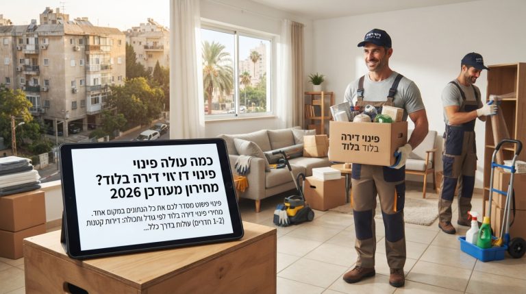 צוות מקצועי של חברת פינוי פשוט מפנה ומסדר דירה בלוד, עם ארגזים ארוזים וחלל נקי