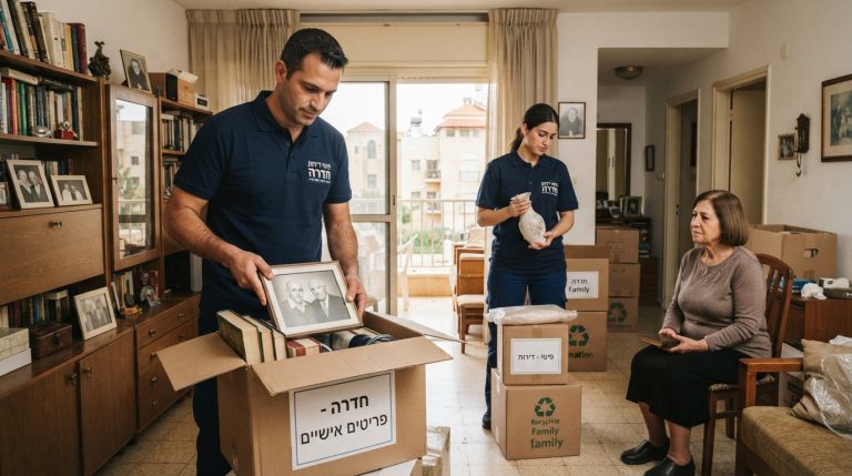 חדר מסודר ונקי בדירת עזבון בחדרה במהלך תהליך פינוי מכבד, עם ארגזים ארוזים בצורה מסודרת, הממחיש פינוי ירושה ברגישות עבור משפחות.