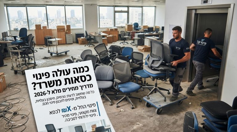 מגוון כסאות משרד ארגונומיים מסודרים לפינוי בתוך משרד מודרני, כחלק משירות פינוי כסאות משרד וציוד עסק.