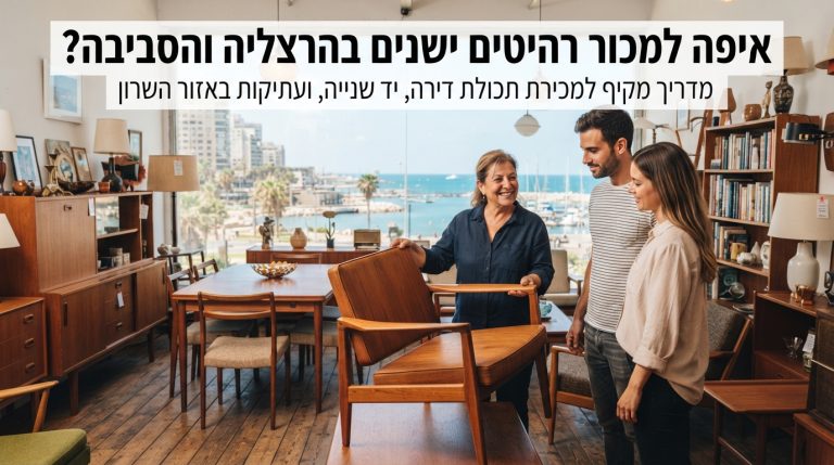 סלון מעוצב עם רהיטי עץ וספות יד שנייה במצב מצוין המוצעים למכירה או פינוי דירה בהרצליה והסביבה.