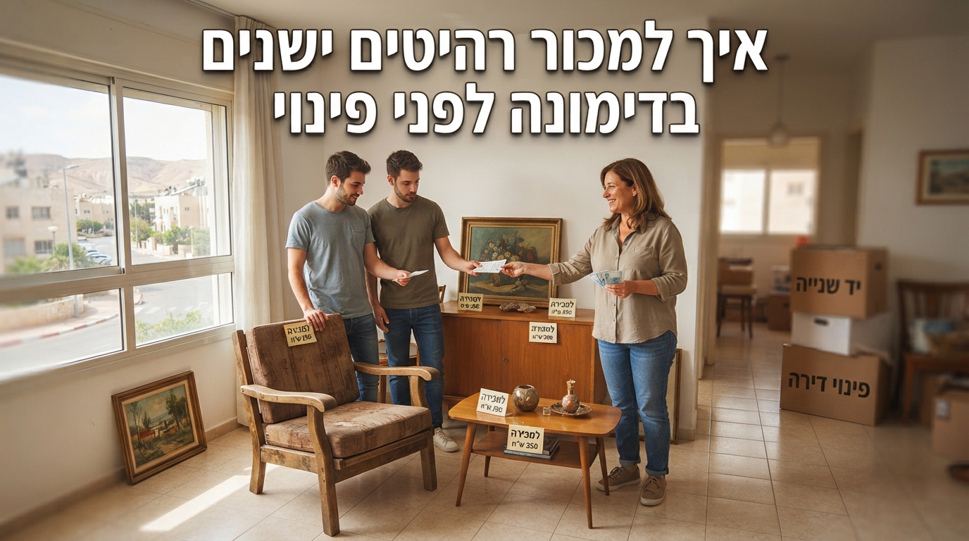 רהיטי עץ יד שנייה שמורים ומסודרים בסלון דירה בדימונה, מוכנים למכירה לפני תהליך פינוי תכולת דירה.