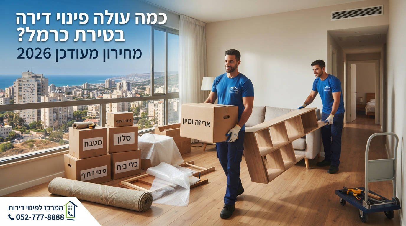 צוות מקצועי של חברת פינוי דירות מבצע פינוי תכולה מדירה בטירת כרמל, עם ארגזים וציוד אריזה.