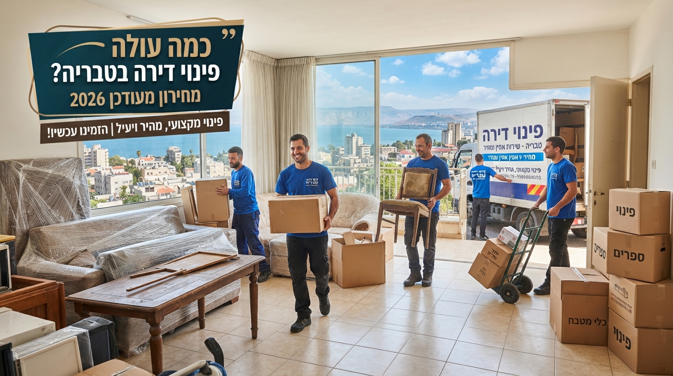 צוות פינוי דירות מקצועי מפנה ארגזים ורהיטים מדירה נקייה בטבריה, כשברקע נשקף נוף הכינרת מחלון הדירה.